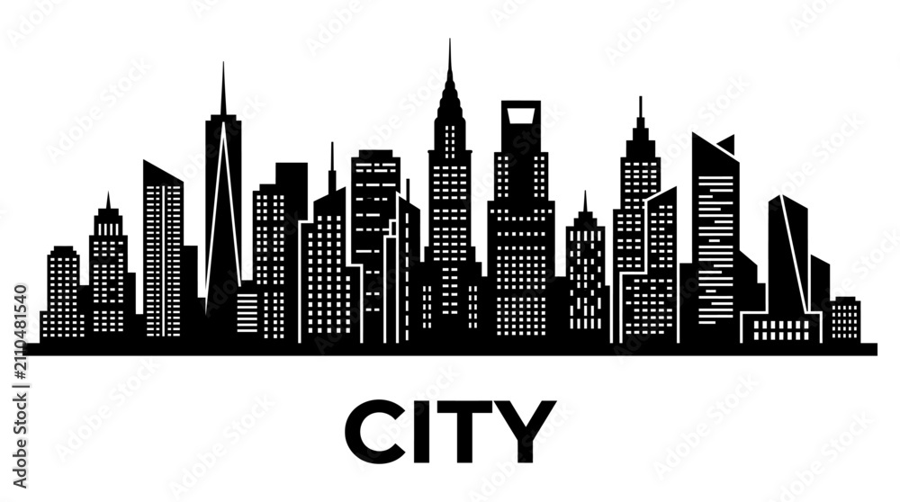 Obraz premium Black silhouette of city skyline with tall buildings and skyscrapers