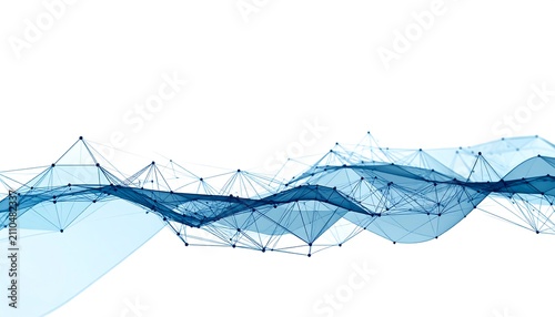 Abstract, flowing, ethereal wave of connected dots and lines in various shades of blue against a white background. It's an artistic representation of networks