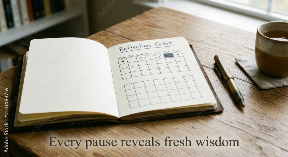 Obraz premium Open Journal with Habit Tracker Grid for Reflection and Planning on Wooden Table