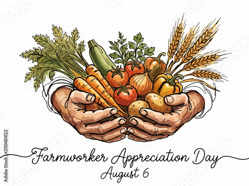 Hands holding fresh harvest vegetables isolated on a white background for a farmworker appreciation day themed celebration.