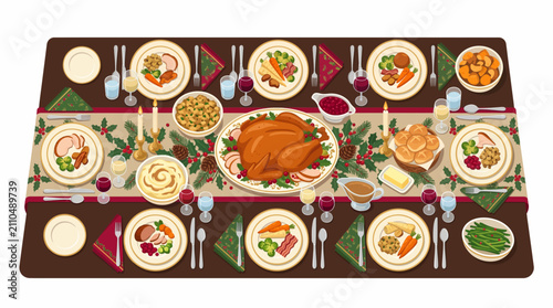Thanksgiving Feast Table Setting: An abundant Thanksgiving dinner is artfully arranged on a long table, featuring a golden-brown roasted turkey as the centerpiece.