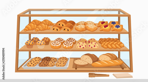 Bakery Display Case: A meticulously arranged display case showcases a delightful assortment of fresh baked goods, from flaky croissants and sweet pastries to rustic loaves of bread.
