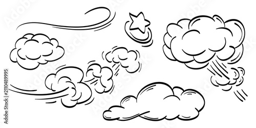 Comic doodle elements. Hand drawn image of an explosion of clouds, wind and stars use for concept design. isolated on white background. vector illustration