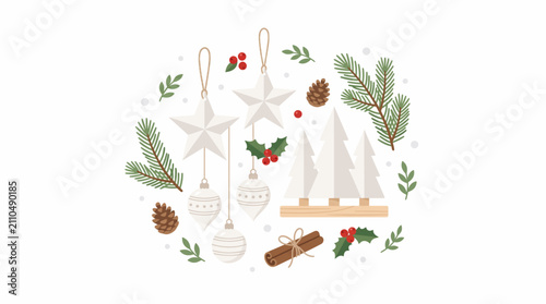 Winter Wonder Flatlay: A festive arrangement of Christmas ornaments, pinecones, holly berries, and evergreen branches creates a charming circular composition, evoking the spirit of the holiday season.