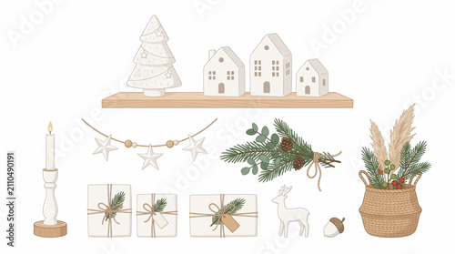 Christmas Decor Elements: A collection of charming Christmas decor items, including a white tree, miniature houses, star garland, wrapped gifts, and festive greenery.