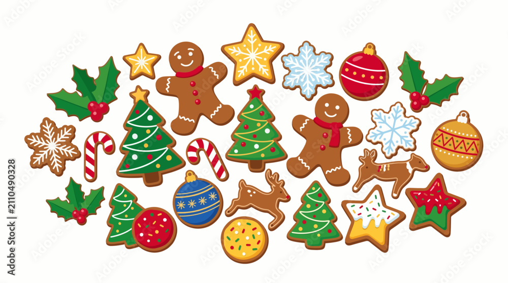 Fototapeta premium Christmas Cookie Assortment: A delightful collection of festive Christmas cookies, including gingerbread men, decorated trees, candy canes, and snowflakes, perfect for holiday celebrations.