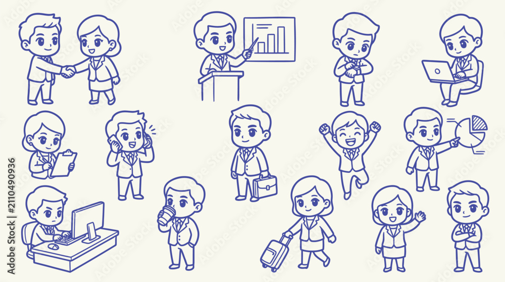 Fototapeta premium Collection of cartoon business people illustrations showing various activities and emotions in a professional setting.