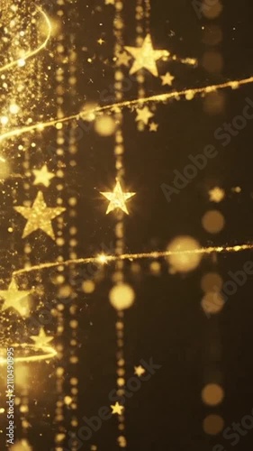 Golden glittering stars and glowing bokeh lights on dark background
