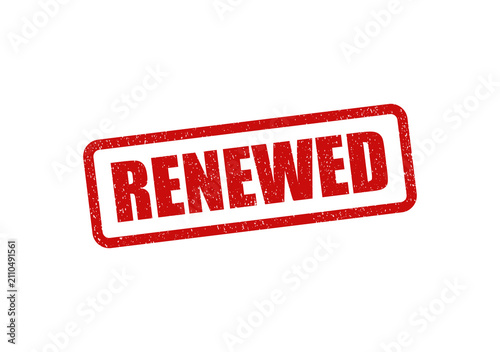 Red grunge rubber stamp with the word renewed inside a rectangular border frame isolated on transparent background