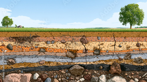 Close Natural View of Detailed Soil Profile Cross Section with Cracked Layers Rocks Roots and Green Field