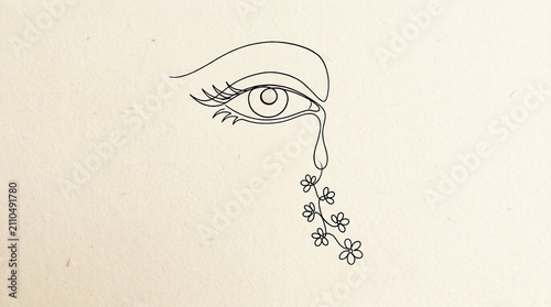 Black and white line of eye with flower tears