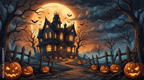 Haunted Halloween mansion with glowing jack-o'-lanterns at night. Spooky gothic estate illuminated by eerie orange light and full moon backdrop.