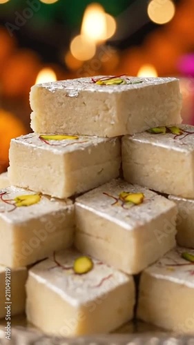 A stack of traditional sweet confections decorated with nuts