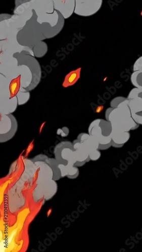 Animated explosion and thick grey smoke with bright orange flames