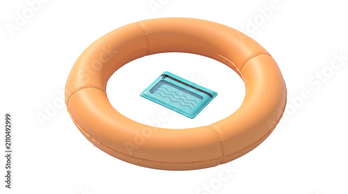 Isolated orange inflatable ring and transparent blue pouch on a white background, for summer fun and water safety.
