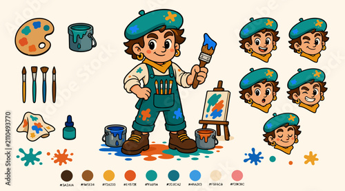 Cartoon Painter Character with Art Supplies and Easel.