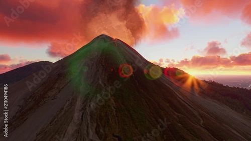 Sunset aerial view of Mount Merapi eruption in Boyolali Regency. Central Java. Indonesia