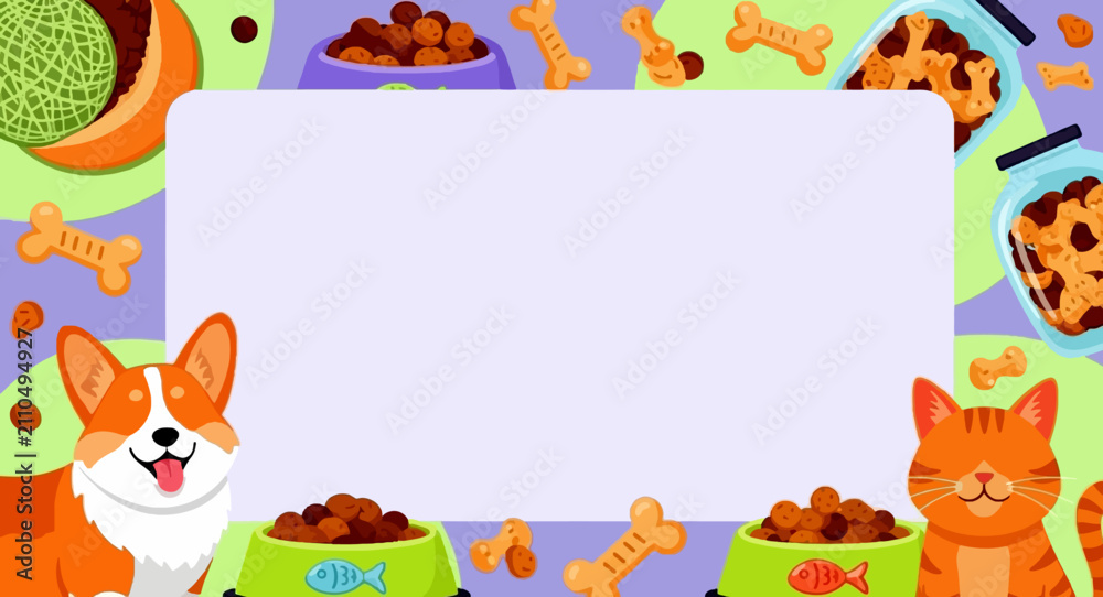 Fototapeta premium Playful vector illustration featuring a corgi and orange cat with treats and bowls around a central white copy space.