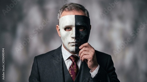Man in Suit Holding a Black and White Mask in Front of His Face.