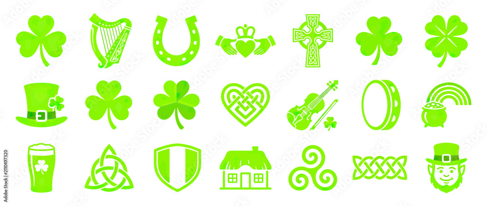 Obraz premium Green Irish Symbols Collection Vector Icons