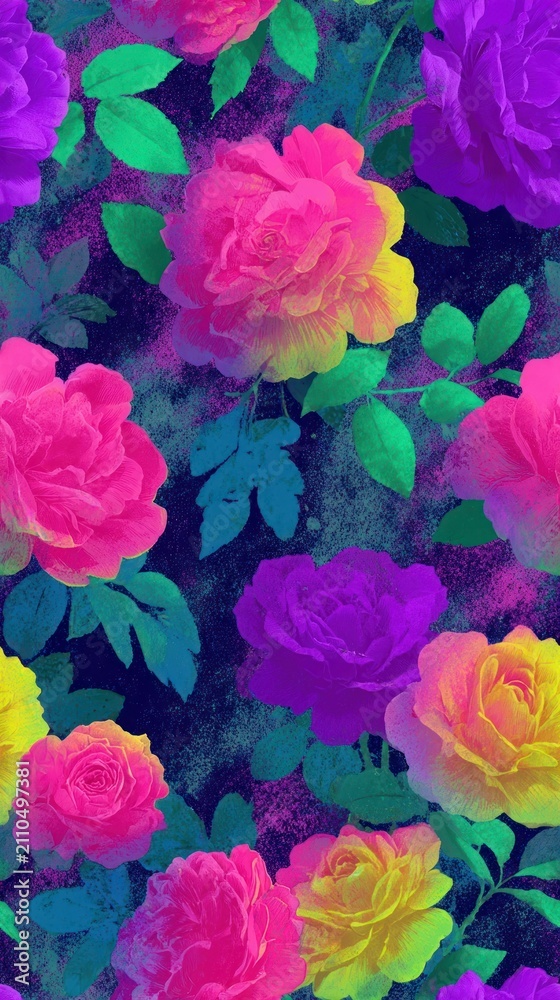 Obraz premium Vibrant floral mobile wallpaper with neon roses and lush green leaves.