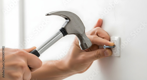 Dangerous DIY mistake: A person's hand attempts to hammer a metal screw into an electrical wall outlet, creating an immediate and severe electrical hazard. This image highlights improper tool usage,