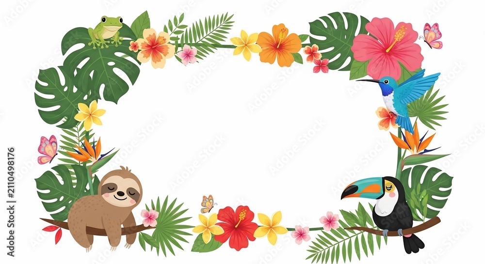 Fototapeta premium Jungle Jamboree: A whimsical border alive with tropical charm, playful creatures, and vibrant blooms.