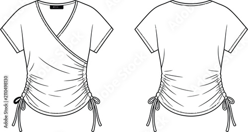 Quadro su tela Technical fashion sketch of a womens wrap top with short sleeves and side drawst