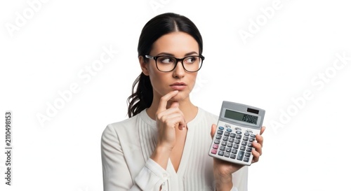 Young woman calculating expenses with calculator looking worried