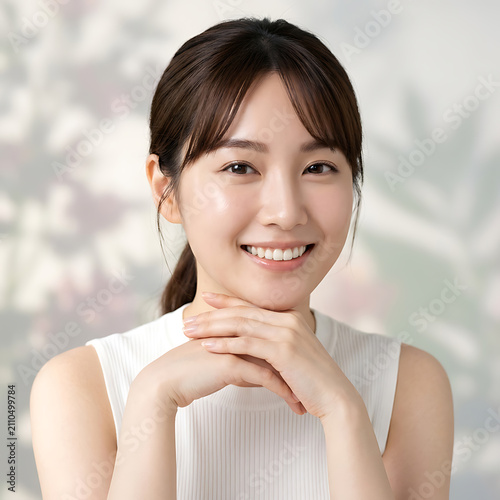 Portrait of a cheerful young woman with a radiant smile and natural light radiance showcasing fresh beauty and youthful