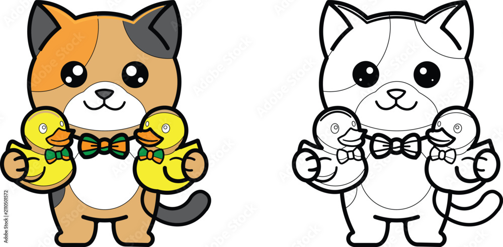 Fototapeta premium A cute cartoon calico cat wearing a bow tie holding two yellow rubber ducks shown in both a colorful version and a black and white
