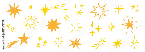 Star hand crayon icon set. Hand drawn star hand crayon icon sketch line brush sparkle pattern. Cute moon sun magic twinkle glitter blackboard texture background. Vector illustration