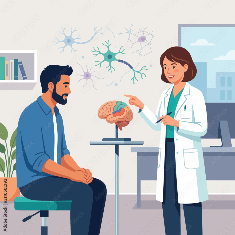 Obraz premium Doctor Explains Brain Function and Neurons to Patient in Medical Office