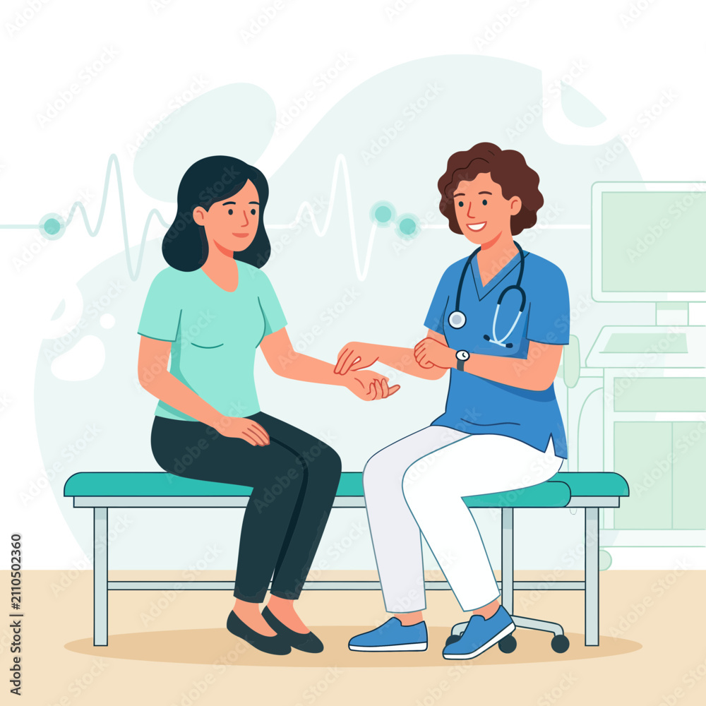 Obraz premium Doctor examining patient's arm in medical clinic with flat design illustration style and ECG line in background.