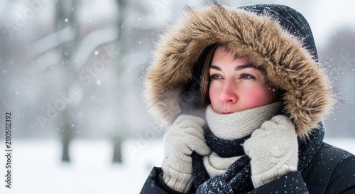 A young woman stands outdoors in a snowy landscape. She wears a dark hooded parka with a fluffy fur-trimmed hood, a thick knitted scarf, and white gloves.