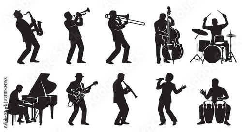 Bild auf Leinwand Musical instruments and jazz musicians silhouette icon set with musician silhoue