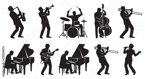 Bild auf Leinwand Musicians and musical instruments silhouette set for jazz performance with music