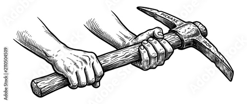 Картината върху платно Hands holding a pickaxe, vintage illustration style