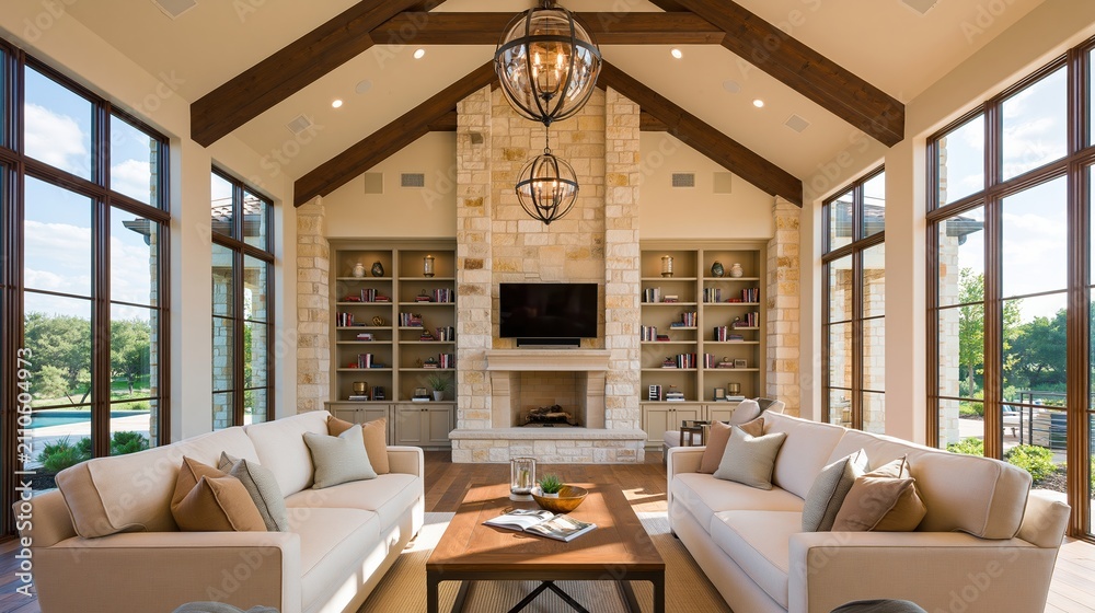 Obraz premium Elegant Living Room with Vaulted Ceilings, Stone Fireplace, Built-in Bookshelves, and Large Windows