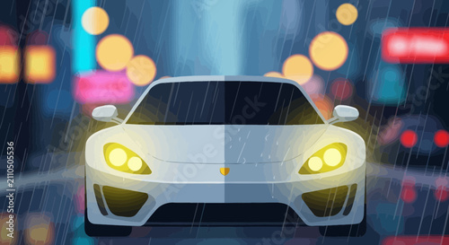 Modern sports car driving through rain at night city illustration