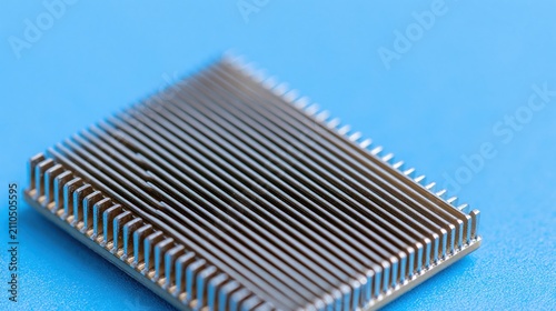 Close-up macro shot of a small aluminum heat sink with fins on a vibrant blue background