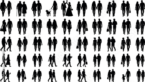 Mega silhouette collection of couples walking together holding hands including senior citizens newlyweds shoppers and families vector icons pack