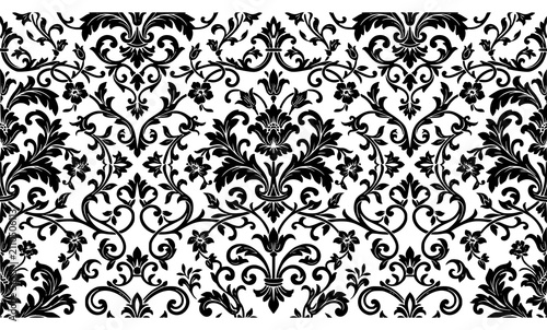 Black and White Floral Damask Pattern Vector with Ornate Scrolls and Vines