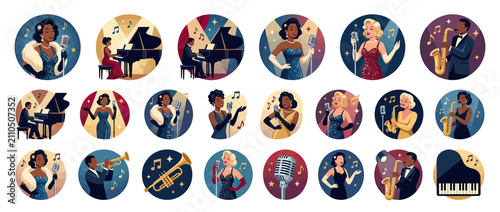 Photography Vintage Jazz Music Performers and Instruments Illustration Collection