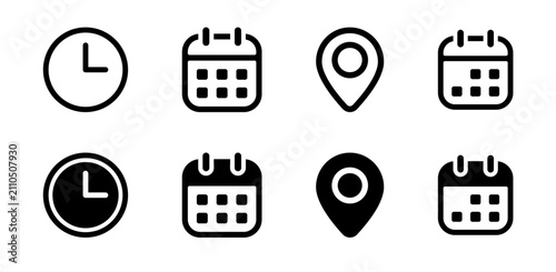 Time of the day icon set featuring clock, calendar, date, and location pin symbols in outline and solid styles. Ideal for scheduling, appointments, reminders, events, and business applications.