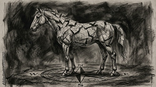 Black and white of a horse with geometric patterns
