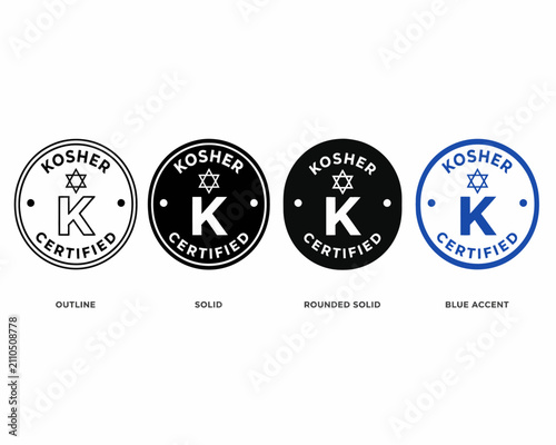 Modern graphic certification emblems for food products, showcasing different design styles of a 'Kosher Certified' badge, essential for dietary compliance
