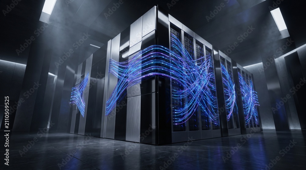 Obraz premium Data center server racks with digital network flow. Cloud computing infrastructure concept.
