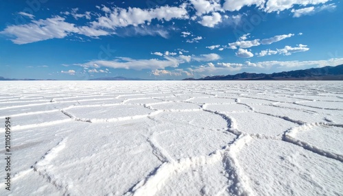 Geometric crust patterns on a white salt flat surface.