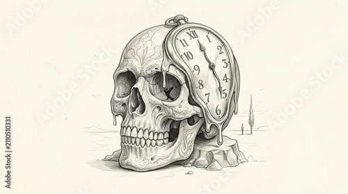 Skull with melting clock in desert setting